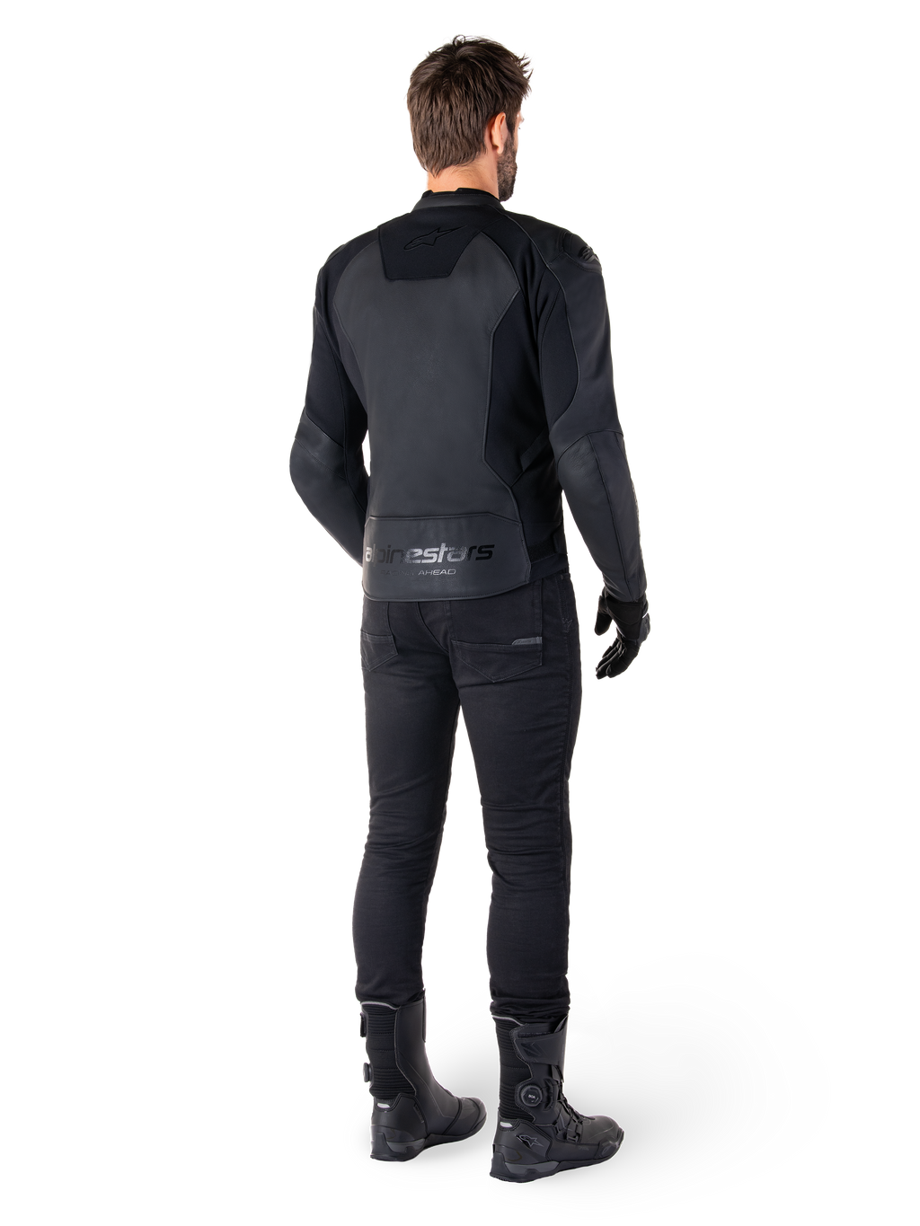 Alpinestars Faster V3 Leather Jacket, Black Black, rear view on a rider, featuring premium leather panels and embossed Alpinestars branding, paired with black riding pants and boots for a complete sport motorcycling look.