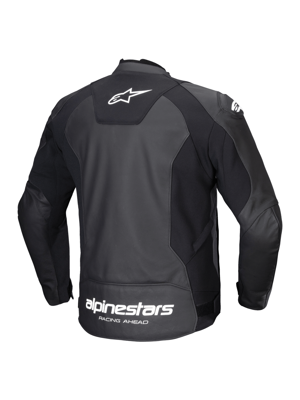 Alpinestars Jaqueta De Couro Faster V3, blusão de moto para homem, vista traseira, preto e branco, em couro premium com painéis elásticos e logótipo