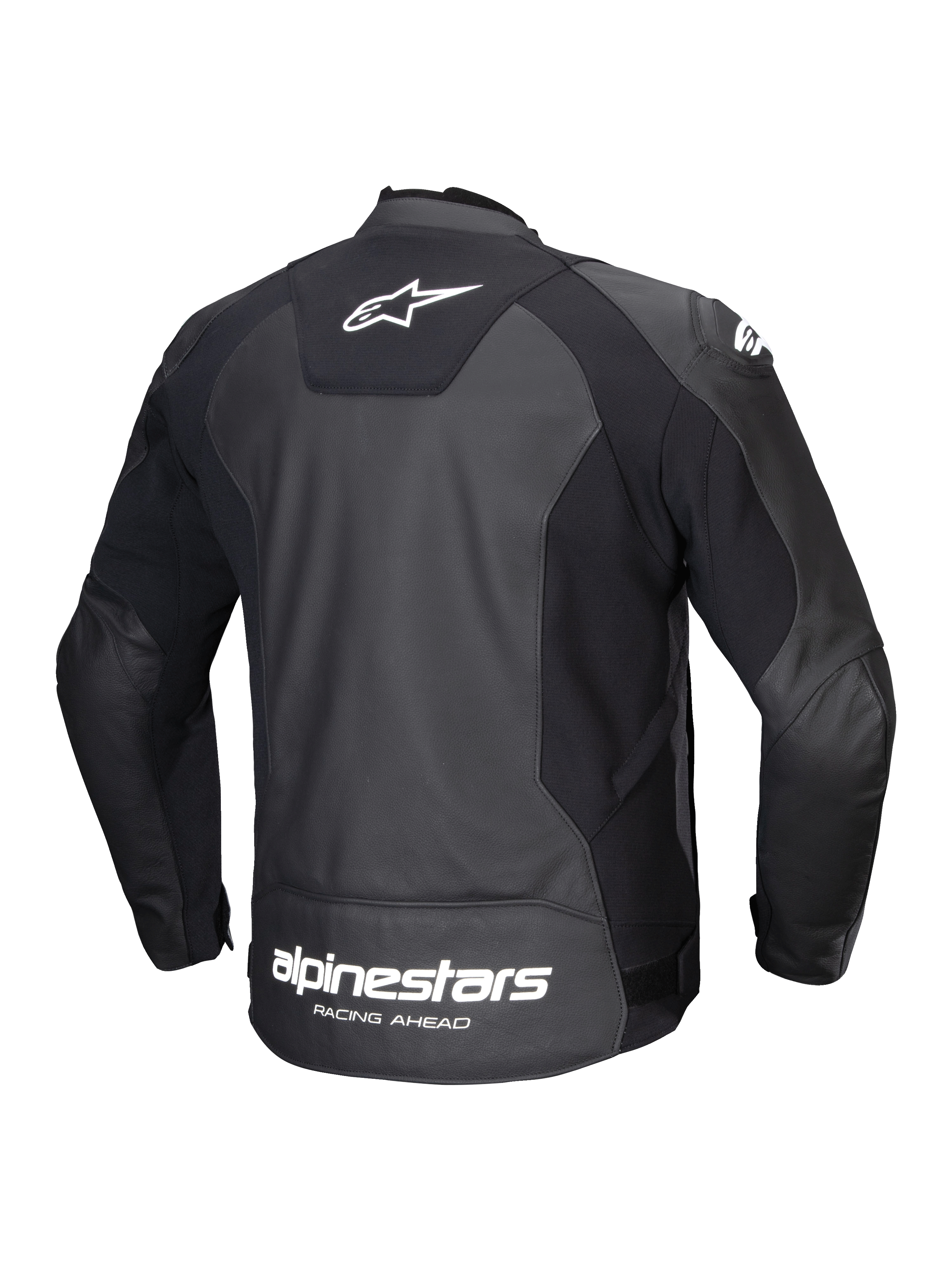 Alpinestars Jaqueta De Couro Faster V3, blusão de moto para homem, vista traseira, preto e branco, em couro premium com painéis elásticos e logótipo