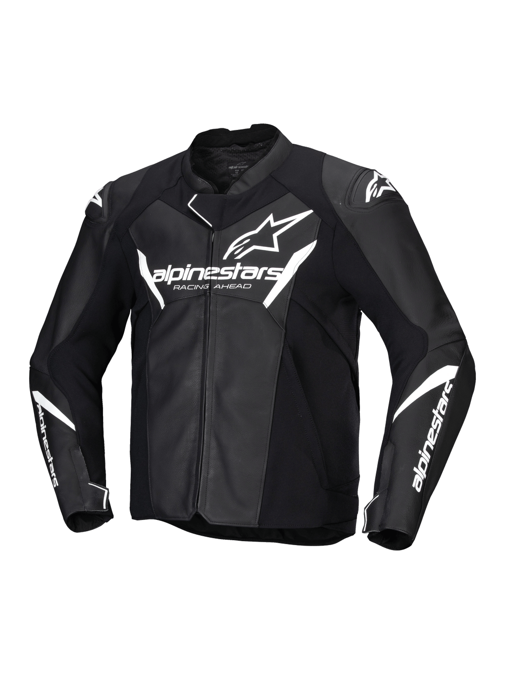 Alpinestars Faster V3 Leather Jacket, blusão de moto desportivo para homem, preto e branco, certificado CE, construção em pele com painéis elásticos HRSF