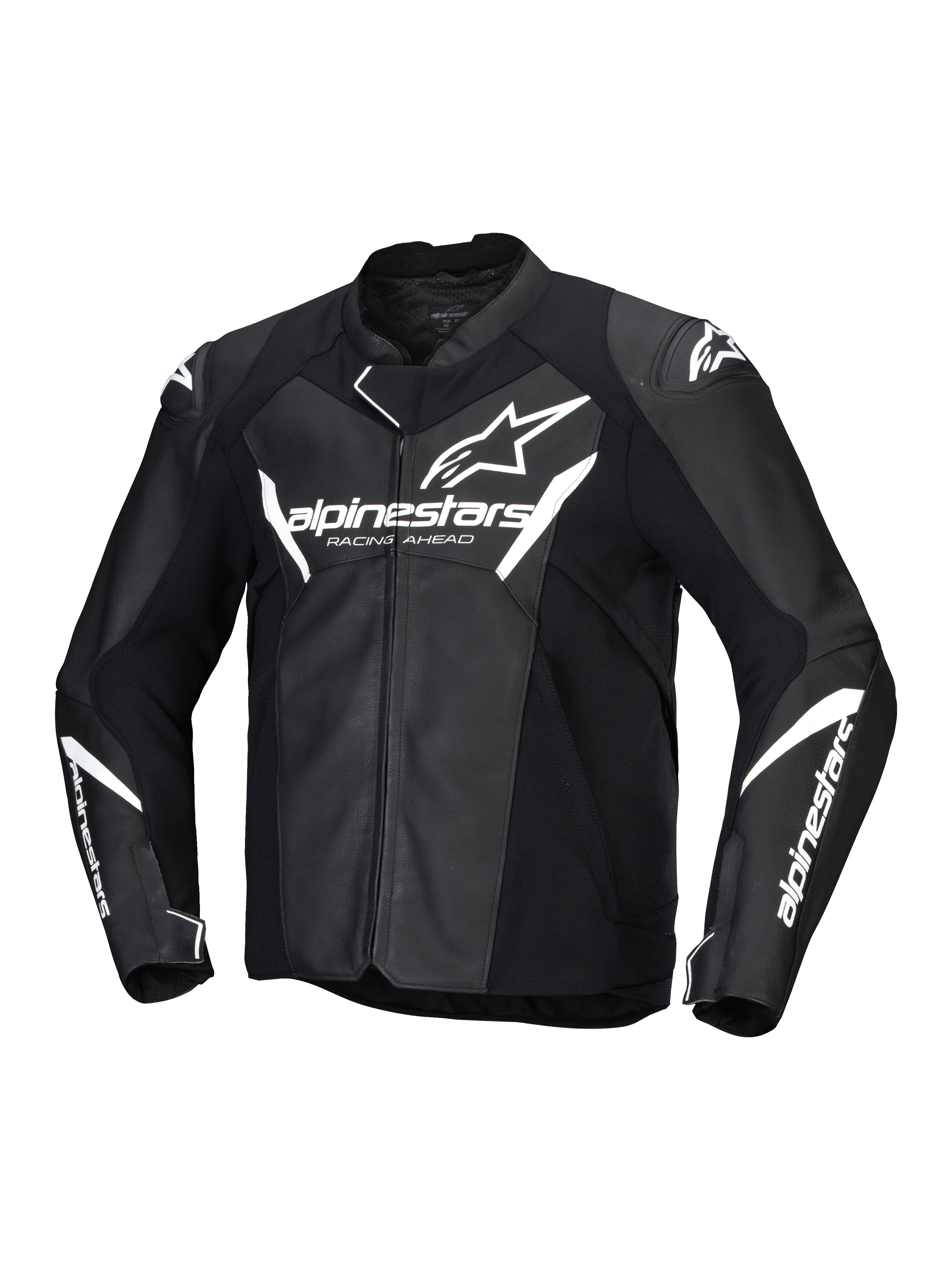 Alpinestars Faster V3 Leather Jacket, blusão de moto desportivo para homem, preto e branco, certificado CE, construção em pele com painéis elásticos HRSF