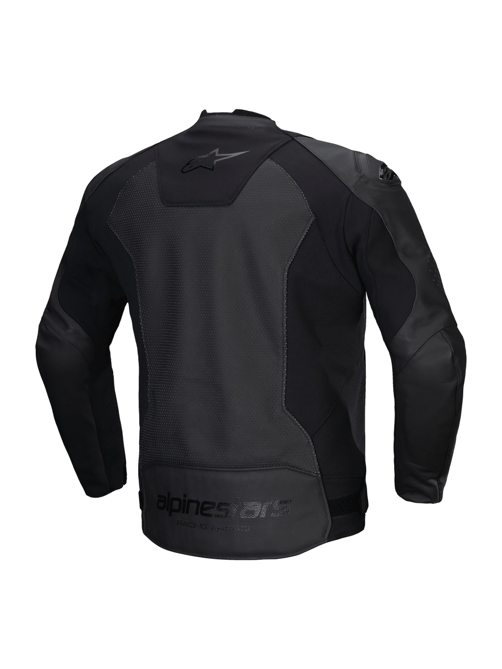Alpinestars Faster V3 Airflow Leather Jacket, casaco de moto desportivo para homem, preto, certificado CE, construção em couro perfurado com painéis elásticos, vista traseira mostrando inserções elásticas e logótipo