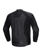 Alpinestars Faster V3 Airflow Leather Jacket, casaco de moto desportivo para homem, preto, certificado CE, construção em couro perfurado com painéis elásticos, vista traseira mostrando inserções elásticas e logótipo