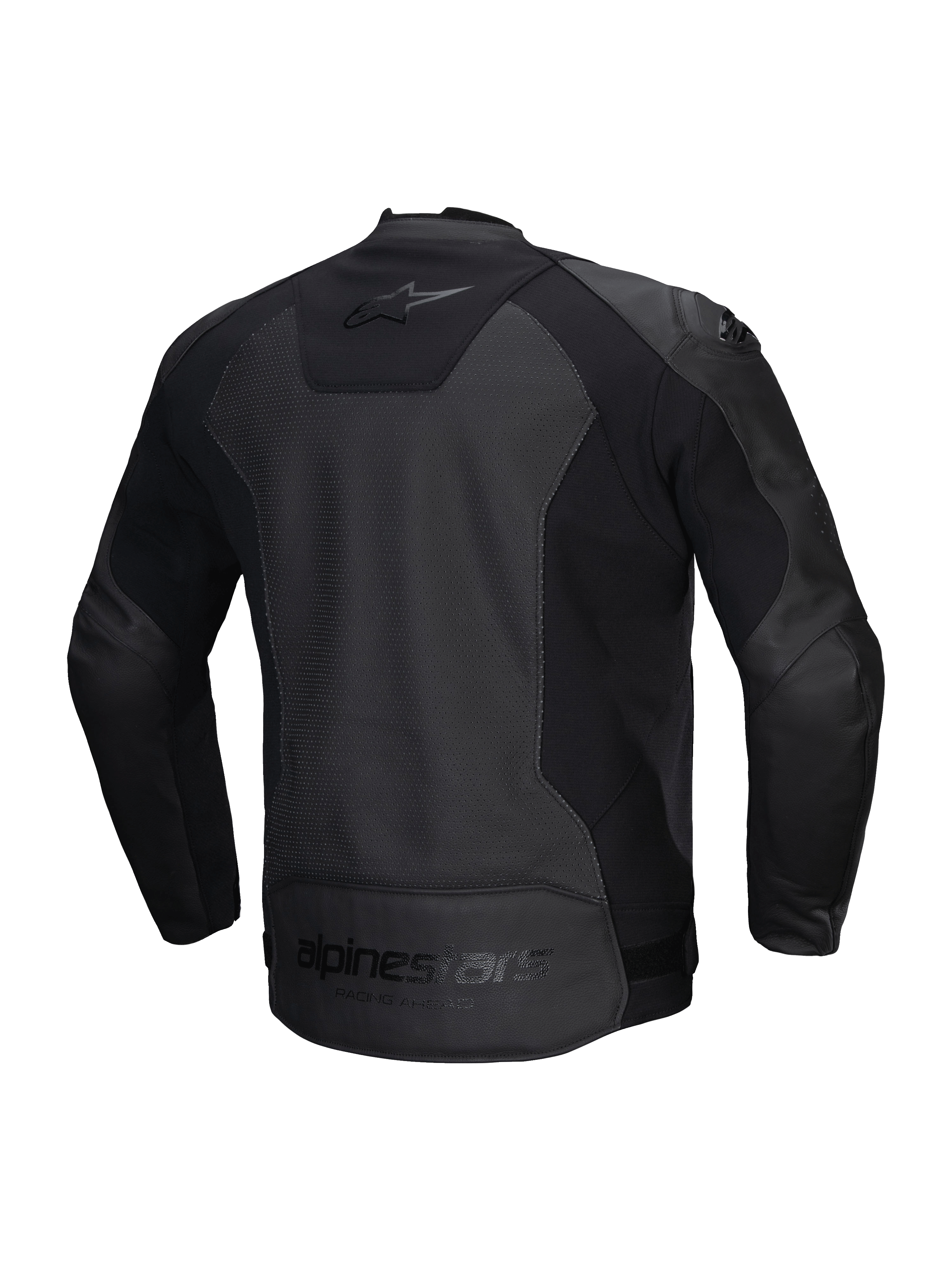 Alpinestars Faster V3 Airflow Leather Jacket, casaco de moto desportivo para homem, preto, certificado CE, construção em couro perfurado com painéis elásticos, vista traseira mostrando inserções elásticas e logótipo