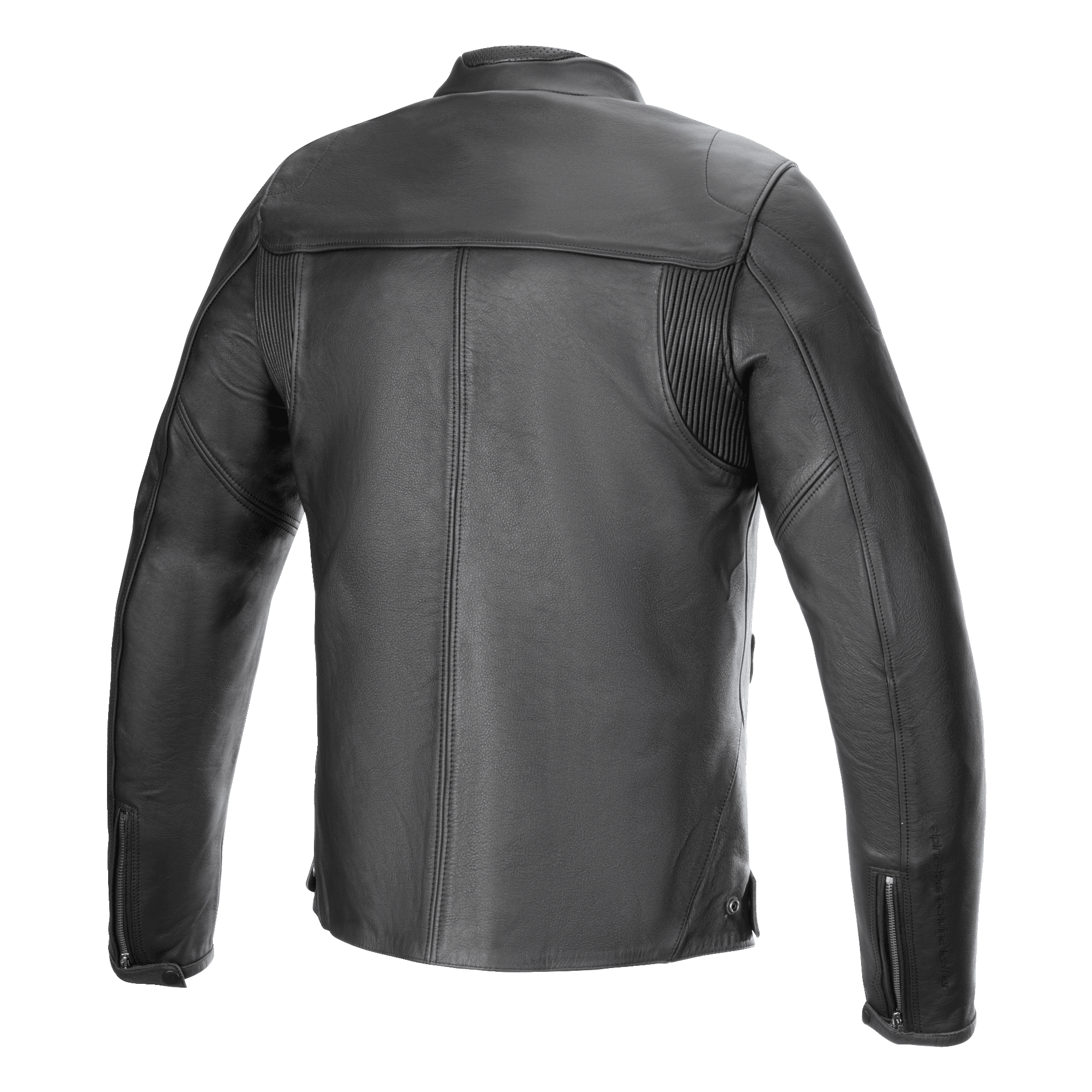 Alpinestars Blacktrack Leather Jacket, Motorcycle Jacket, Black, back view, premium bovine leather construction, featuring accordion stretch panels on the shoulders, zippered cuffs, and a minimalist urban design