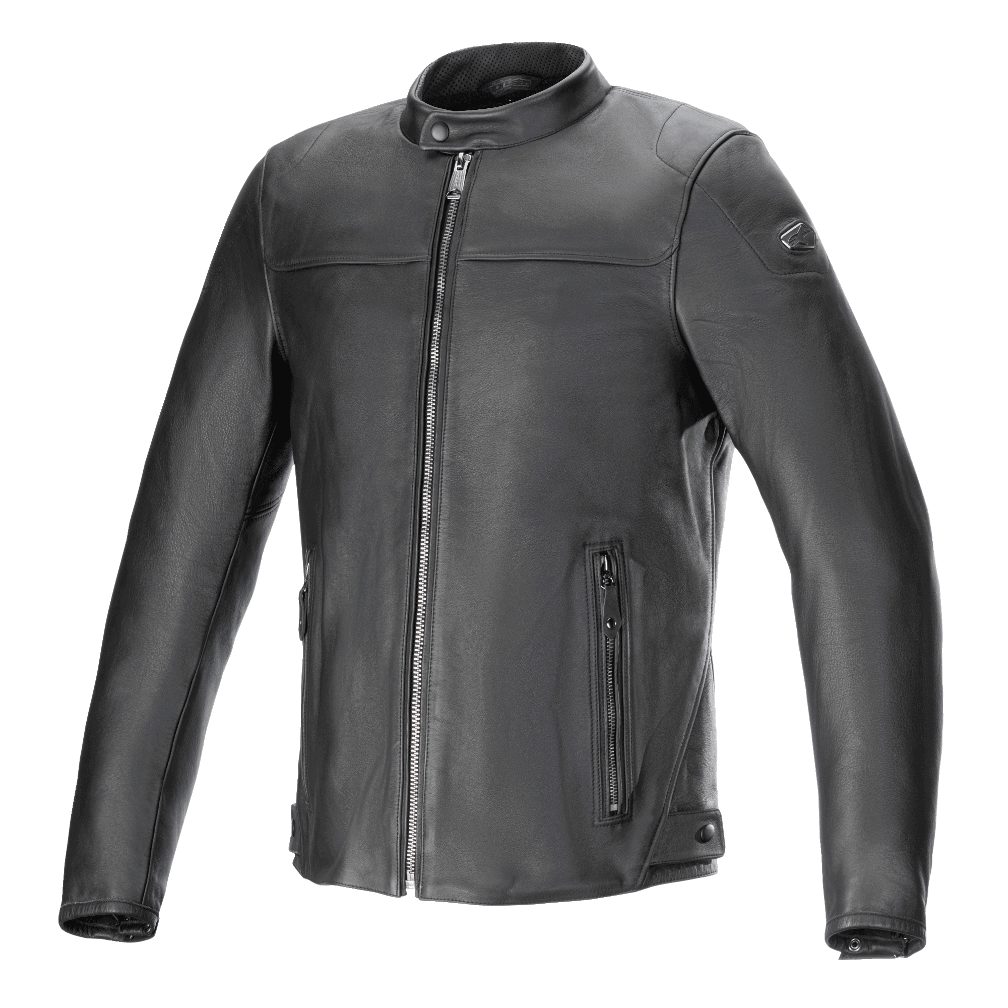 Alpinestars Blacktrack Leather Jacket, Motorcycle Jacket, Black, premium bovine leather with metallic gunmetal zipper and shoulder badge, stand-up collar, zippered side pockets, and adjustable waist buttons, contemporary urban road style