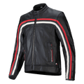 Alpinestars Dyno Leather Jacket, Black with Ruby Red and Ecru racing stripes, premium leather motorcycle jacket, front zipper closure, stand-up collar, zippered hand pockets, Italian flag emblem, sporty heritage design
