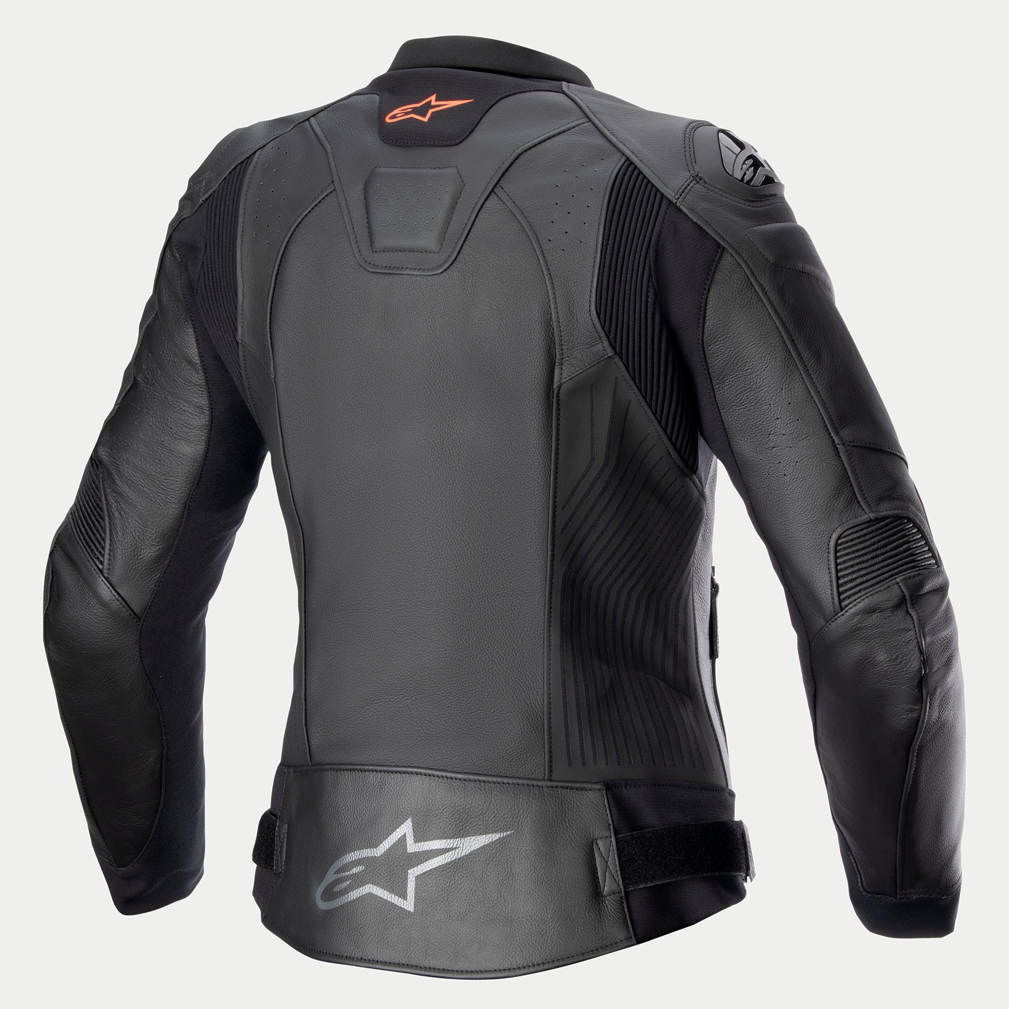 Alpinestars Jaqueta De Couro Stella GP Plus V4, casaco de moto para mulher, preto, vista traseira mostrando painéis elásticos e pormenores de proteção