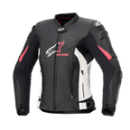Alpinestars Women's Stella GP Plus V4 Leather Jacket, Motorcycle Racing Jacket, Black with White and Diva Pink accents, premium leather construction, featuring front and abdominal zippers, adjustable waist straps, and padded shoulders, feminine silhouette design