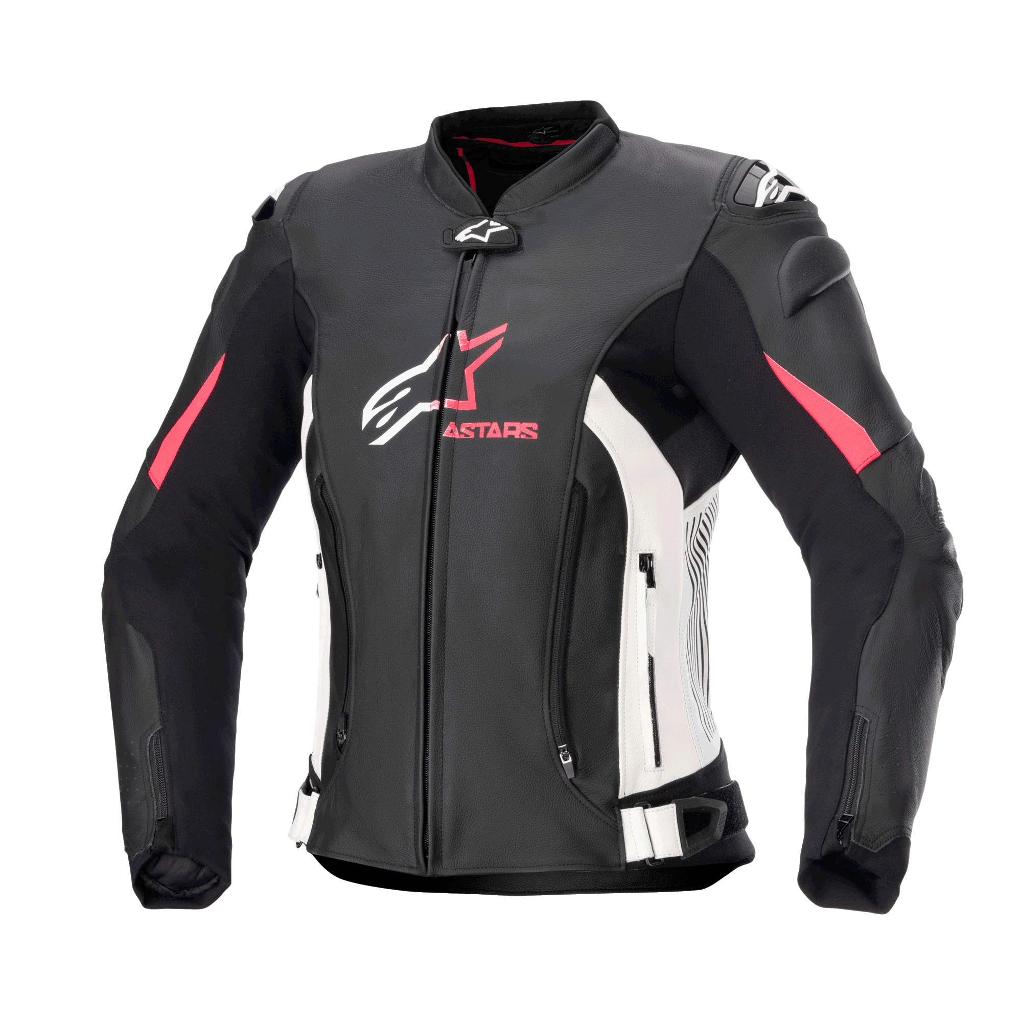 Alpinestars Women's Stella GP Plus V4 Leather Jacket, Motorcycle Racing Jacket, Black with White and Diva Pink accents, premium leather construction, featuring front and abdominal zippers, adjustable waist straps, and padded shoulders, feminine silhouette design