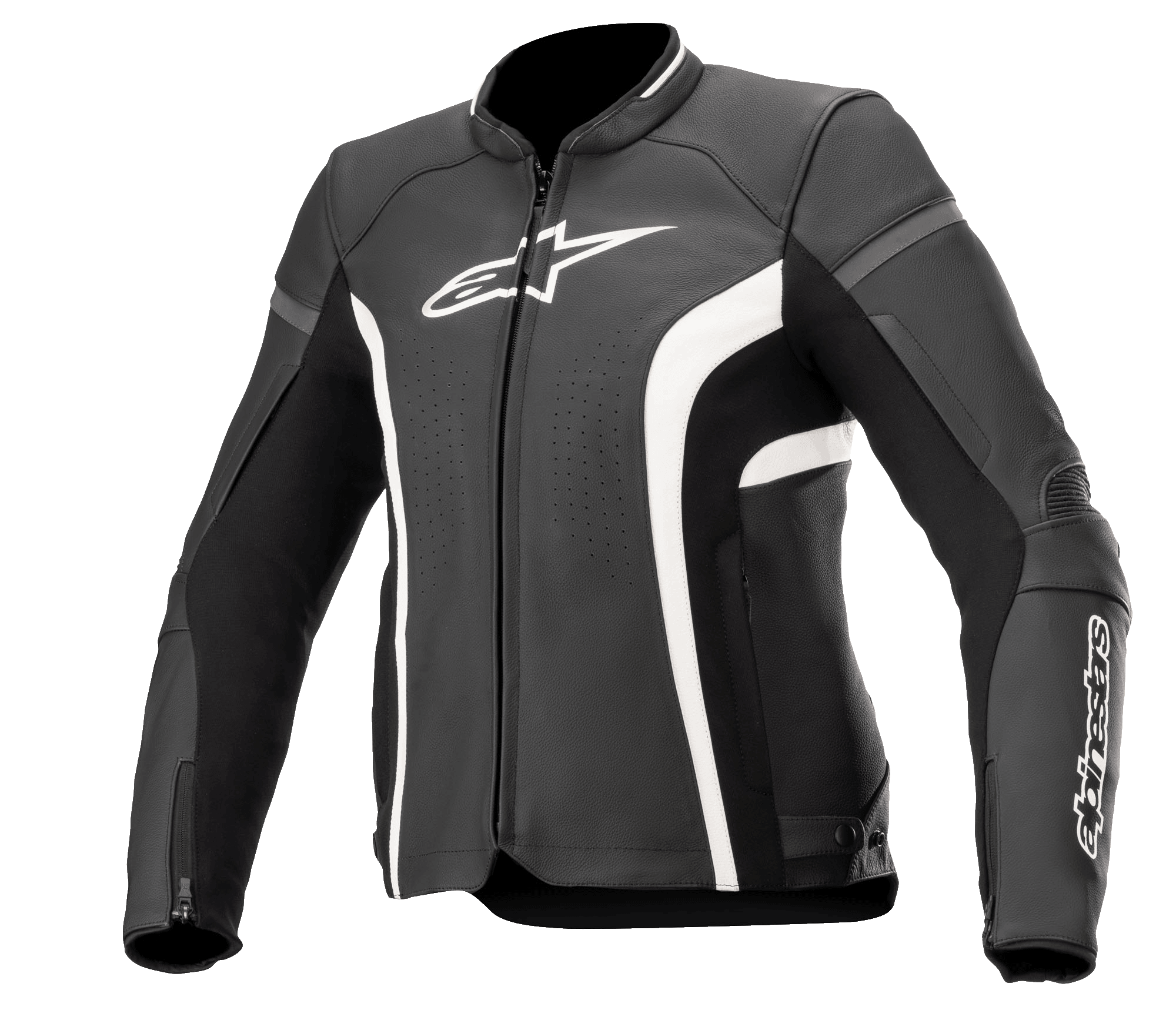 Alpinestars Stella Kira V2, casaco de pele para mulher, preto e branco, com painéis de ventilação perfurados, logótipo branco no peito e na manga, punhos com fecho, ajuste de performance para condução em estrada