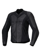 Alpinestars Stella Faster V3 Leather Jacket, Women's Sport Motorcycle Jacket, Black and Dark Gray, premium leather and textile construction with HRSF stretch panels, CE certified protection, high collar and full front zipper, sleek race-derived fit