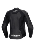 Casaco de Pele Alpinestars Stella Faster V3, casaco de motociclismo desportivo para mulher, preto e branco, vista traseira mostrando a construção em pele de múltiplos painéis e tecido elástico, logótipo Alpinestars branco na parte superior das costas e marca na zona inferior, ajuste atlético elegante para condução de performance
