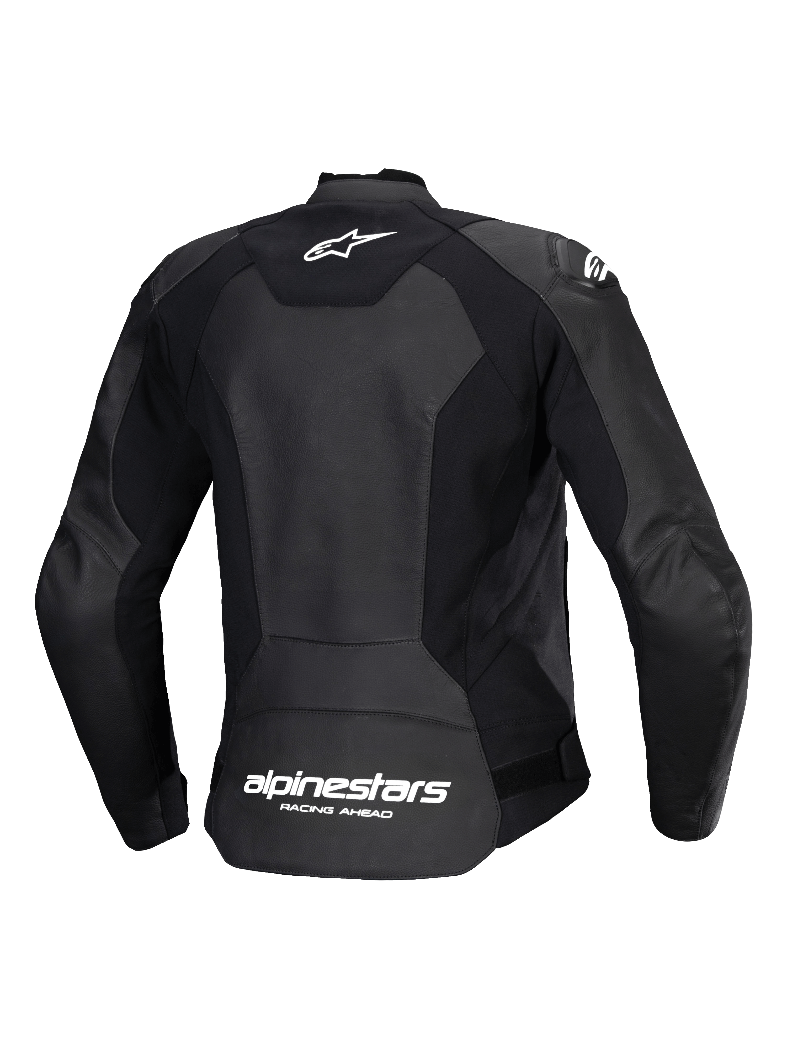 Casaco de Pele Alpinestars Stella Faster V3, casaco de motociclismo desportivo para mulher, preto e branco, vista traseira mostrando a construção em pele de múltiplos painéis e tecido elástico, logótipo Alpinestars branco na parte superior das costas e marca na zona inferior, ajuste atlético elegante para condução de performance