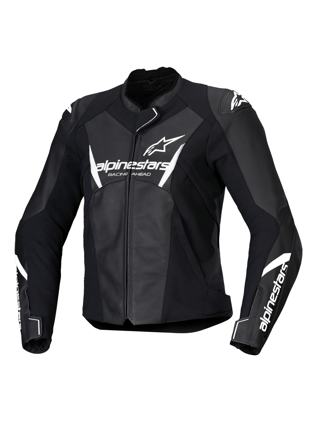 Casaco de Pele Alpinestars Stella Faster V3, casaco de motociclismo de corrida para mulher, preto e branco, com logótipos Alpinestars brancos no peito e nas mangas, construção em pele premium com ombros reforçados, design desportivo aerodinâmico