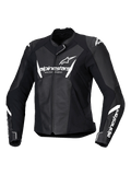 Casaco de Pele Alpinestars Stella Faster V3, casaco de motociclismo de corrida para mulher, preto e branco, com logótipos Alpinestars brancos no peito e nas mangas, construção em pele premium com ombros reforçados, design desportivo aerodinâmico
