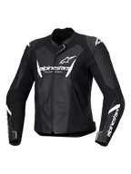 Casaco de Pele Alpinestars Stella Faster V3, casaco de motociclismo de corrida para mulher, preto e branco, com logótipos Alpinestars brancos no peito e nas mangas, construção em pele premium com ombros reforçados, design desportivo aerodinâmico