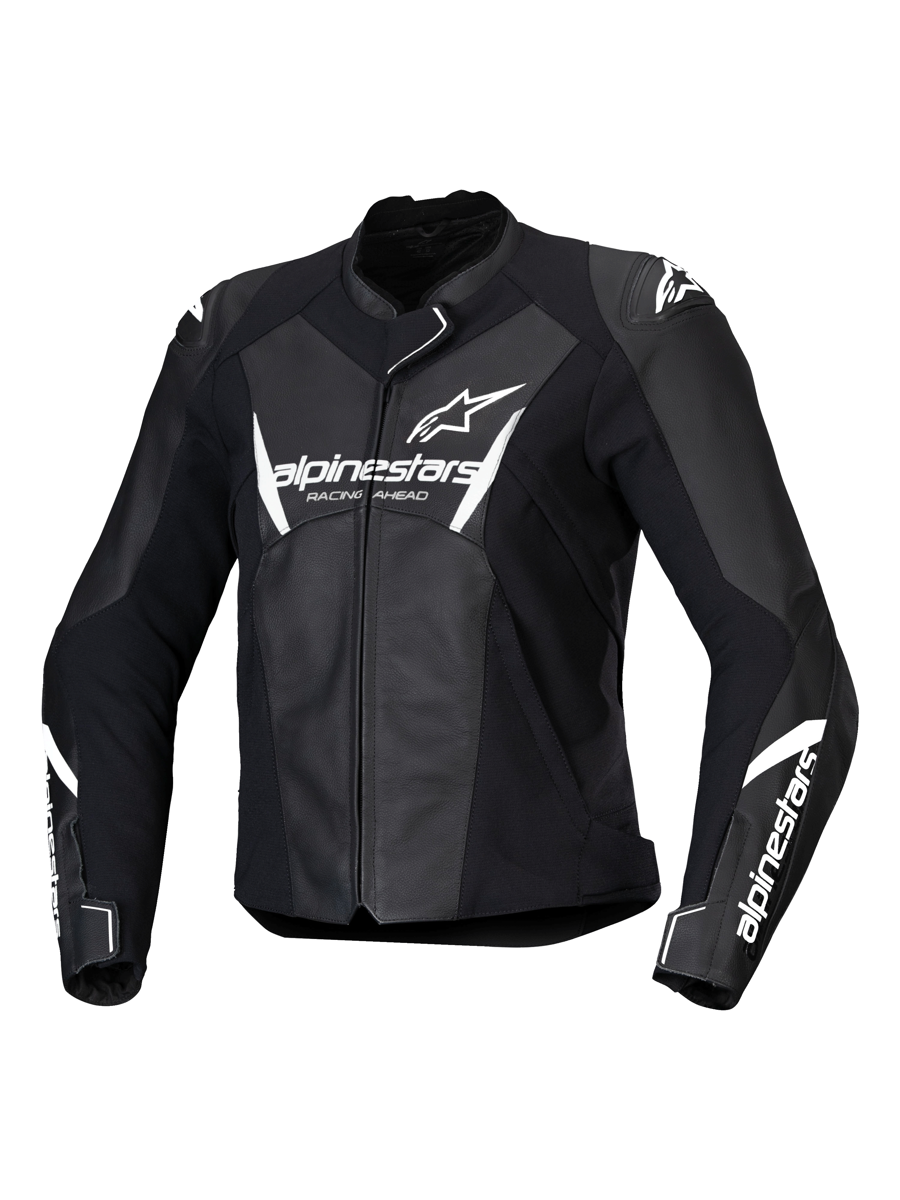 Casaco de Pele Alpinestars Stella Faster V3, casaco de motociclismo de corrida para mulher, preto e branco, com logótipos Alpinestars brancos no peito e nas mangas, construção em pele premium com ombros reforçados, design desportivo aerodinâmico