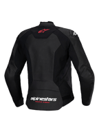 Alpinestars Stella Faster V3 Leather Jacket, Women's Sport Motorcycle Jacket, Black, back view featuring red star logo on the upper back and white Alpinestars branding with Fluo Coral "Racing Ahead" text on the lower back, contoured female fit with premium leather and stretch panels