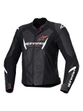 Alpinestars Stella Faster V3 Leather Jacket, Women's Motorcycle Racing Jacket, Black with White and Fluo Coral accents, premium leather construction, featuring Alpinestars branding on the chest and sleeves, sporty racing fit with integrated shoulder protection and front zipper closure.