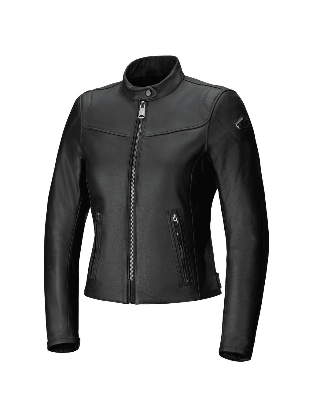 Alpinestars Tory Women Leather Jacket, casaco de motociclismo urbano, preto, corte ajustado com fecho de correr frontal metálico gunmetal, bolsos laterais verticais com fecho de correr, gola em pele perfurada, acabamento elegante em pele bovina