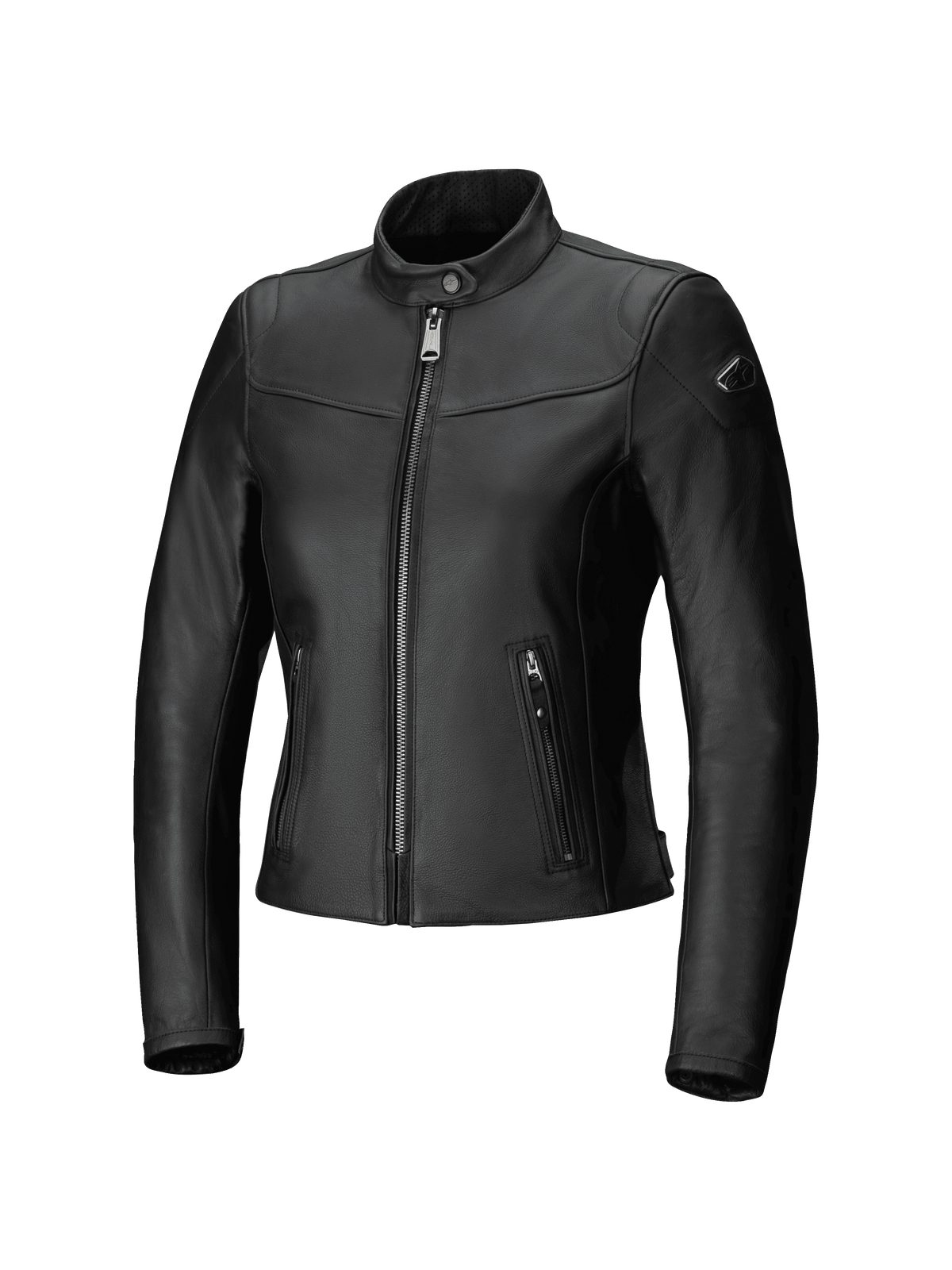 Alpinestars Tory Women Leather Jacket, casaco de motociclismo urbano, preto, corte ajustado com fecho de correr frontal metálico gunmetal, bolsos laterais verticais com fecho de correr, gola em pele perfurada, acabamento elegante em pele bovina