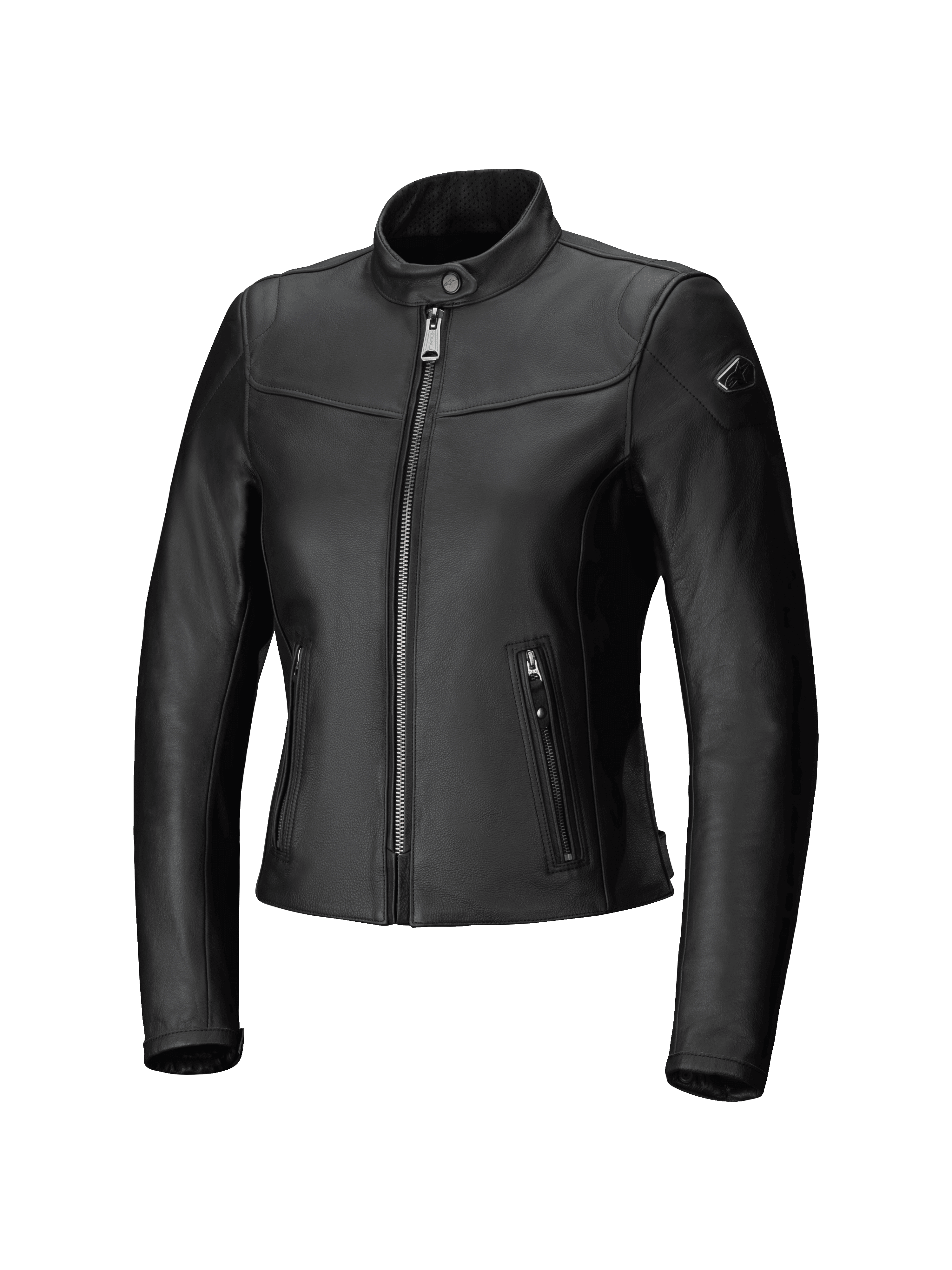 Alpinestars Tory Women Leather Jacket, casaco de motociclismo urbano, preto, corte ajustado com fecho de correr frontal metálico gunmetal, bolsos laterais verticais com fecho de correr, gola em pele perfurada, acabamento elegante em pele bovina
