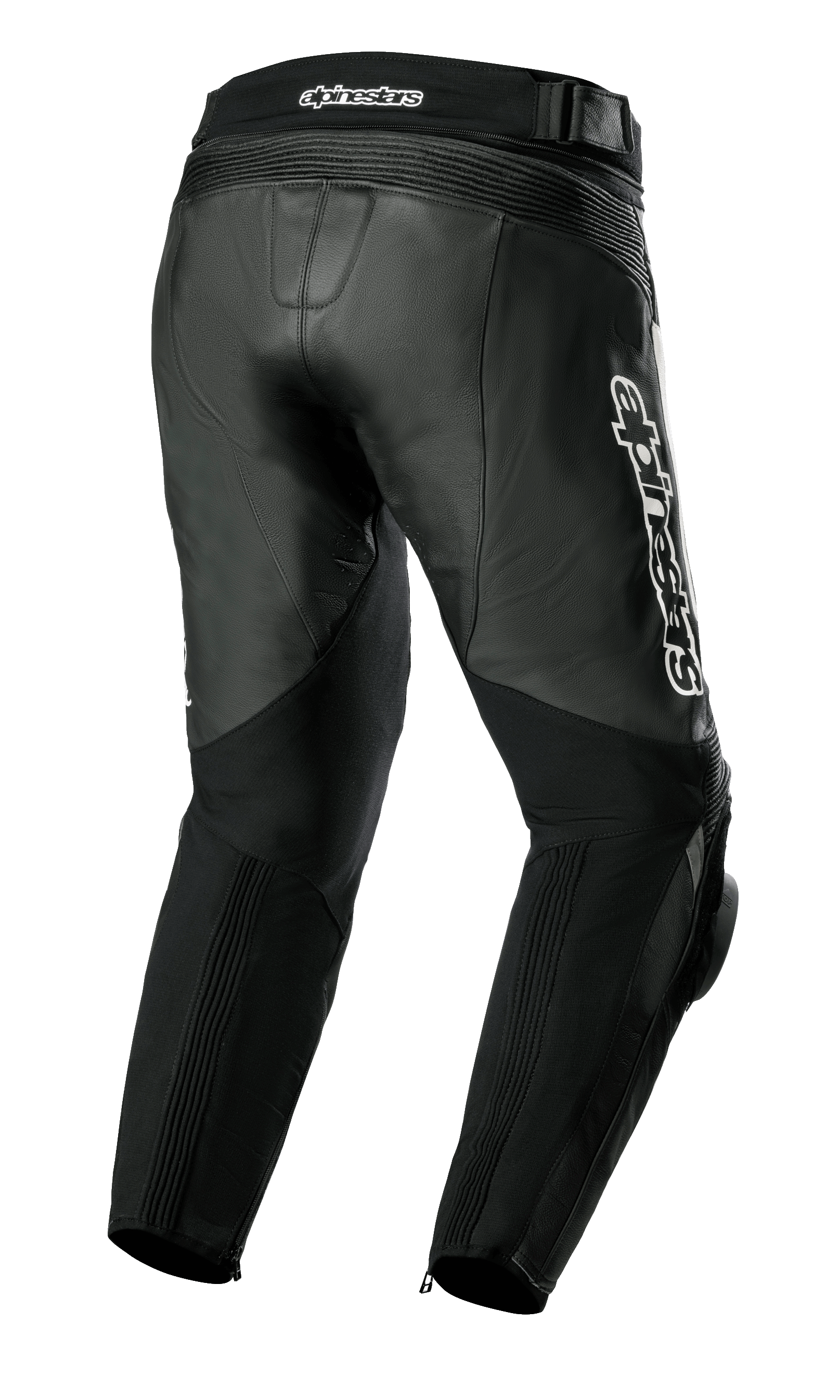 Alpinestars Missile V3 Leather Pants, Motorcycle Pants, Black, rear three-quarter view featuring premium leather construction, accordion stretch panels above the knees and waist, high rear waist, and prominent white Alpinestars branding on the side.