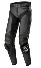 Alpinestars Missile V3 Leather Pants, Black Leather Motorcycle Pants, featuring pre-curved leg design, accordion stretch panels above the knee, and replaceable sport knee sliders with Alpinestars logo, premium leather construction for racing performance