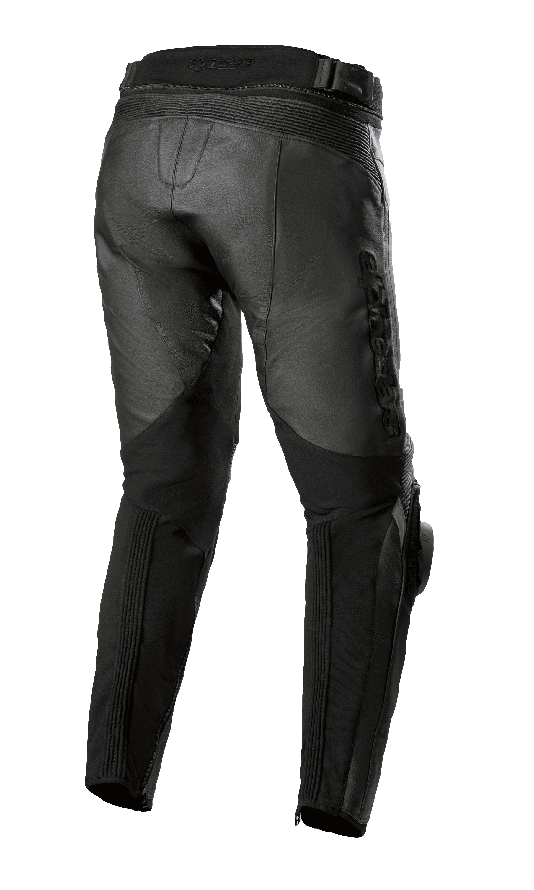Alpinestars Missile V3 Leather Pants - Short, Black, rear view showing high rear waist construction, accordion leather stretch zones above the knee, and stretch panels on the calf for enhanced mobility, premium bovine leather motorcycle gear for road racing.