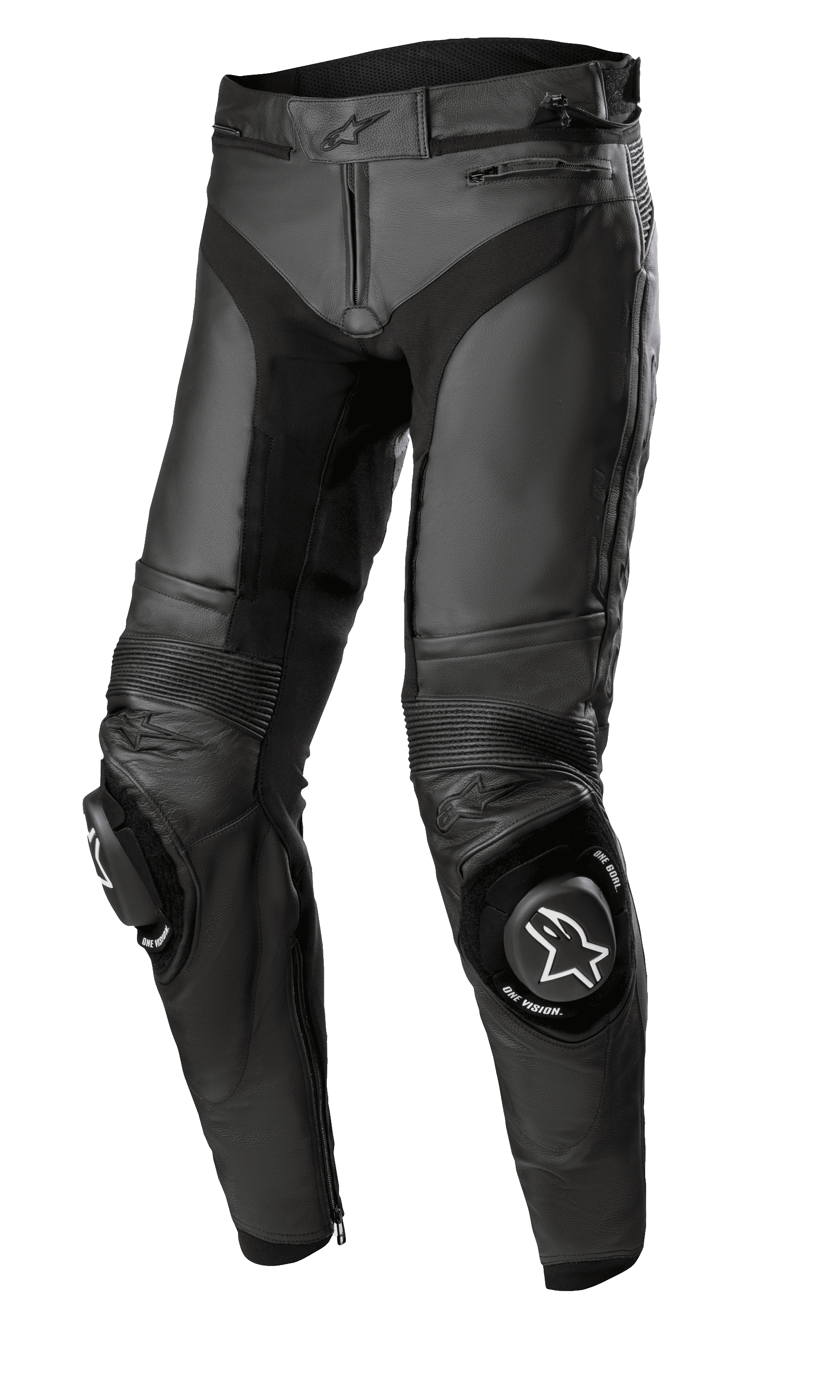 Alpinestars Missile V3 Leather Pants - Short, Black Motorcycle Racing Pants, premium leather construction with accordion stretch panels, reinforced knees with white logo sliders, zippered waist and ankles, sleek ergonomic design for sport riding