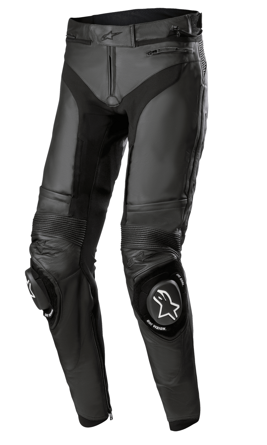Alpinestars Missile V3 Leather Pants - Long, Black Motorcycle Racing Pants, featuring accordion leather stretch panels at the knees, replaceable knee sliders with white logos, premium leather construction, and ergonomic pre-curved fit for track performance