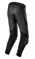 Alpinestars Missile V3 Airflow Leather Pants, Black, rear view featuring premium leather construction, accordion stretch zones above the knee, high rear waist, and flexible stretch panels on the calves with ankle zippers.