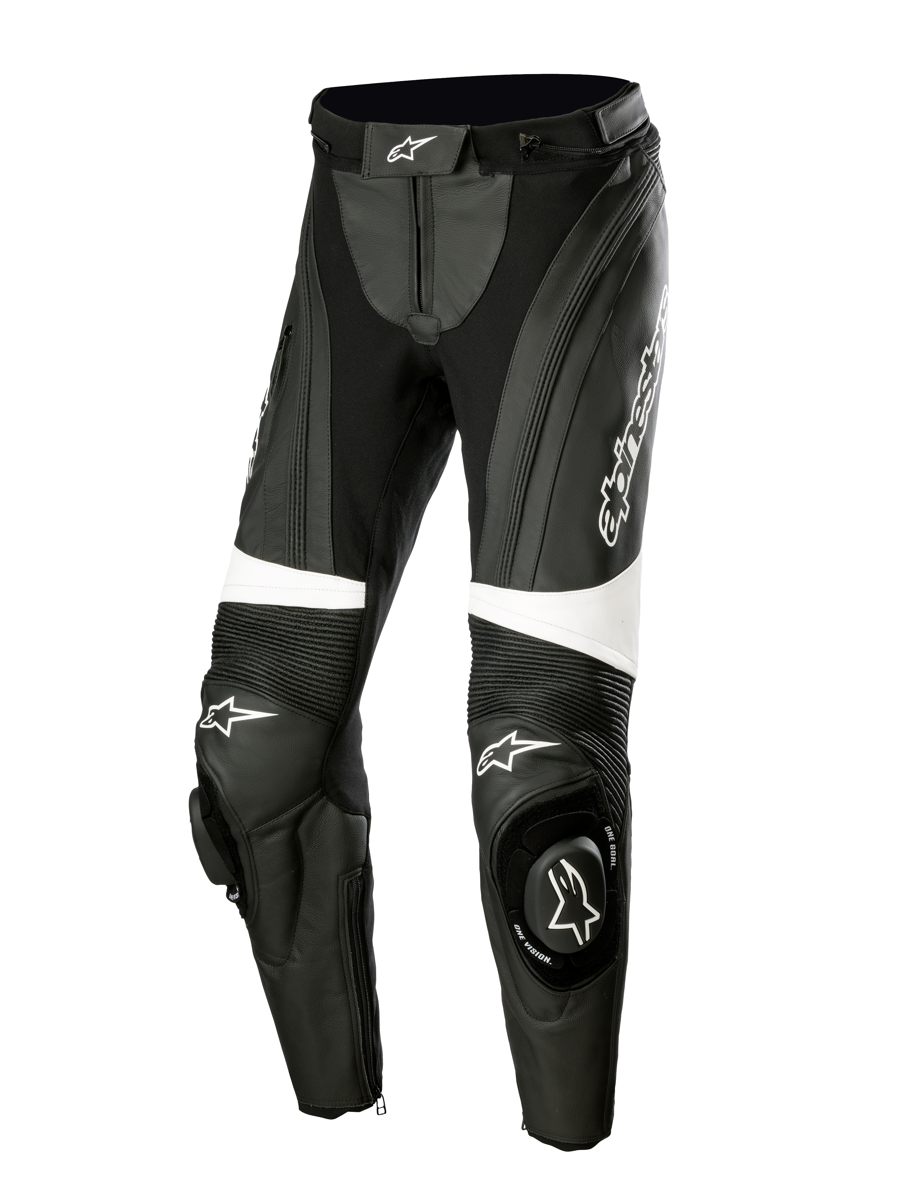 Alpinestars Stella Missile V3 Leather Pants, calças de motociclismo para mulher, pretas e brancas, com painéis extensíveis em acordeão acima dos joelhos, sliders de joelho integrados com logótipo Alpinestars, faixas brancas de destaque e ajuste aerodinâmico para condução desportiva e em pista.