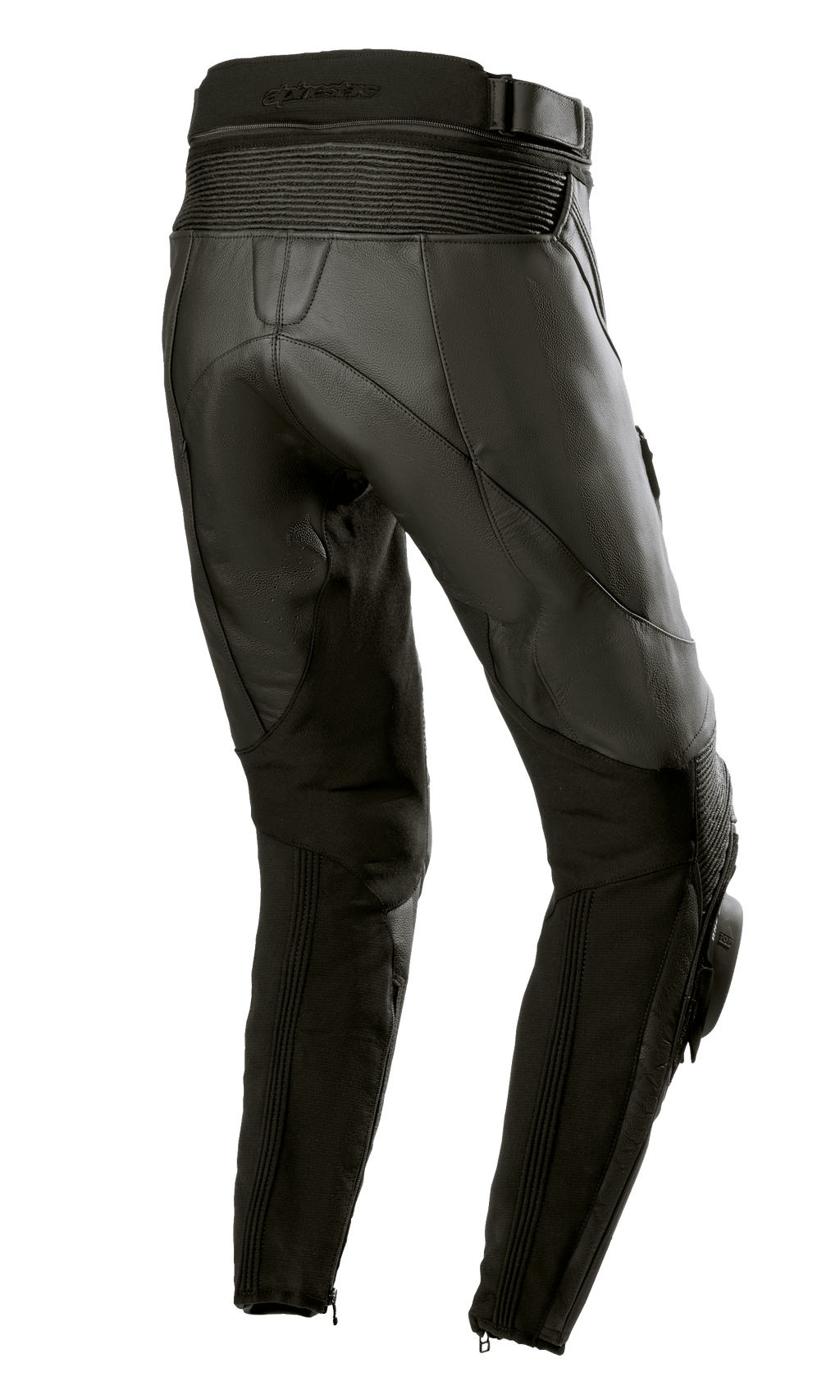 Alpinestars Women Stella Missile V3 Leather Pants, Black Black, Rear view showing high rear waist and accordion leather stretch zones above the knee, premium bovine leather construction with stretch panels on calves and ankle zippers, designed for racing and sport riding.