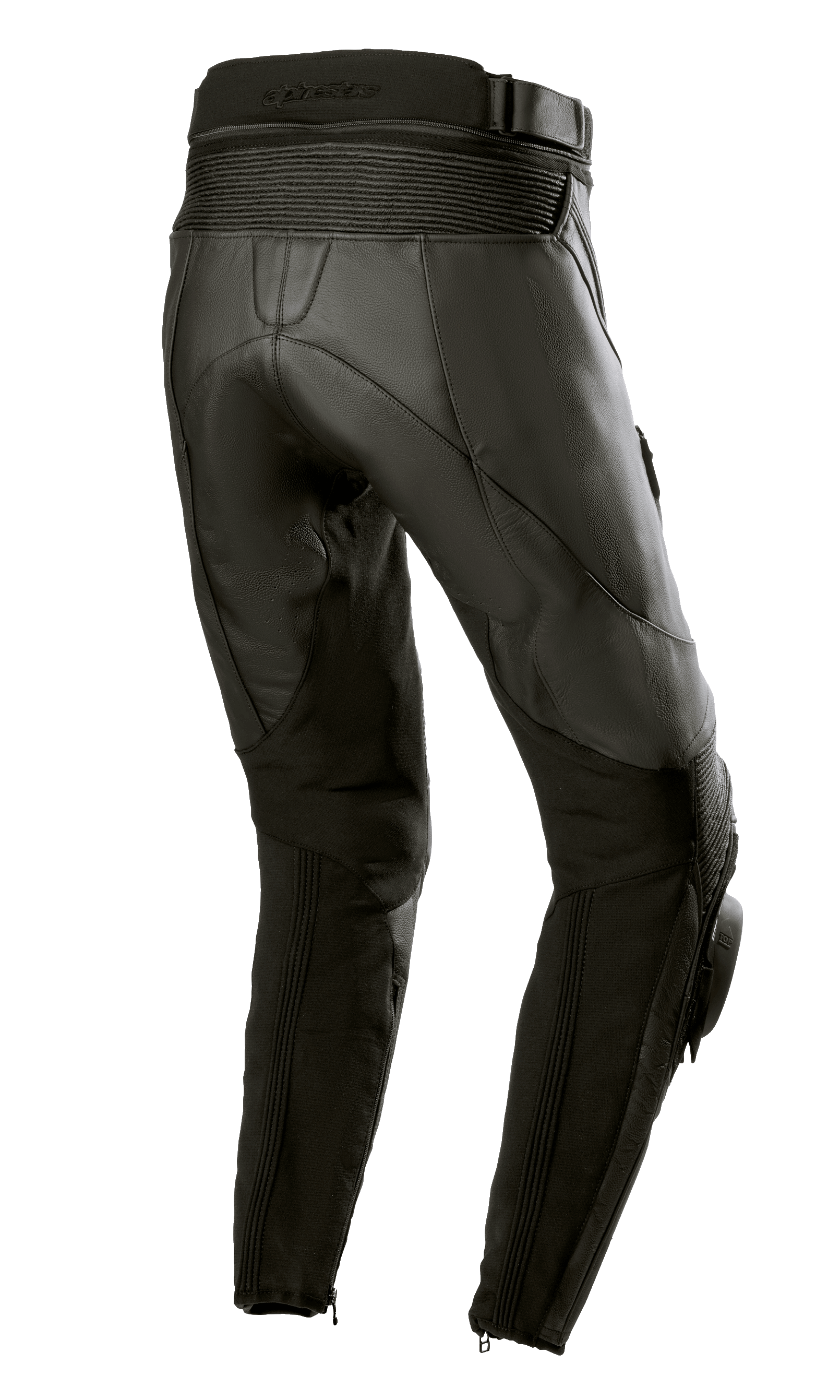 Alpinestars Women Stella Missile V3 Leather Pants, Black Black, Rear view showing high rear waist and accordion leather stretch zones above the knee, premium bovine leather construction with stretch panels on calves and ankle zippers, designed for racing and sport riding.