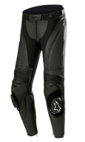 Alpinestars Stella Missile V3 Leather Pants, Women's Motorcycle Racing Pants, Black, featuring premium leather with accordion stretch panels, replaceable knee sliders with white Alpinestars logo, and ergonomic pre-curved design