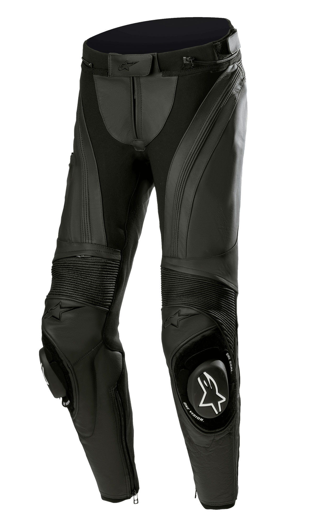 Calças de pele Alpinestars Stella Missile V3, calças de motociclismo de competição para mulher, pretas, com pele premium, painéis elásticos em acordeão, deslizadores de joelhos substituíveis com logótipo Alpinestars branco e design ergonómico pré-curvado