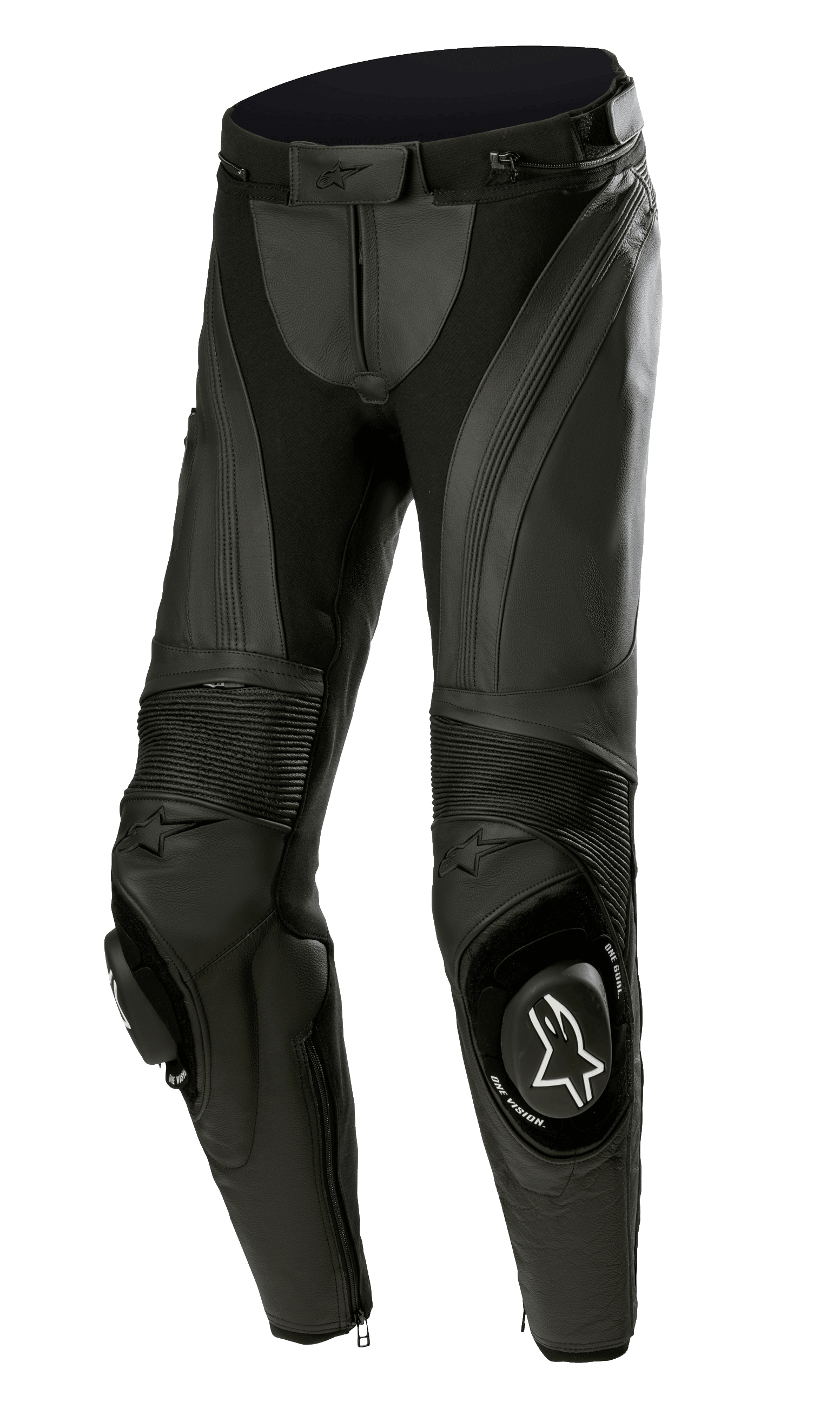 Alpinestars Stella Missile V3 Leather Pants, Women's Motorcycle Racing Pants, Black, featuring premium leather with accordion stretch panels, replaceable knee sliders with white Alpinestars logo, and ergonomic pre-curved design