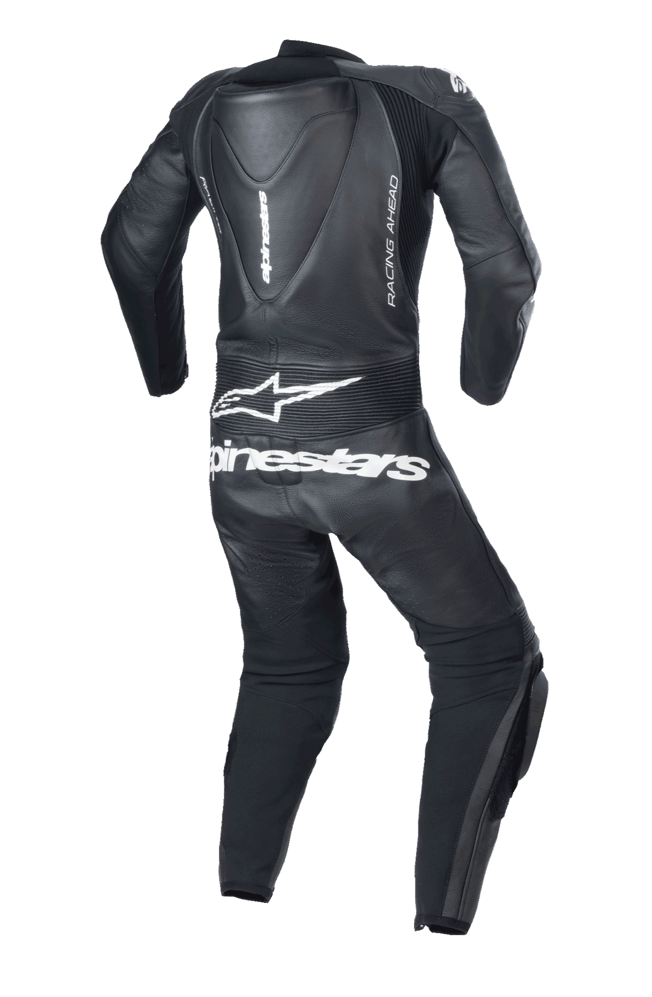 Alpinestars Youth GP Plus V2 1-Piece Leather Suit, Black, back view featuring an aerodynamic hump, white Alpinestars logo and text on the lower back, 'RACING AHEAD' side branding, and accordion stretch panels for mobility.