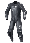 Alpinestars Youth GP Plus V2 1-Piece Leather Suit, Youth Motorcycle Racing Suit, Black with white Alpinestars branding, perforated leather chest panels, integrated knee sliders, accordion stretch panels on knees and shoulders, professional track-ready design for junior riders