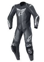 Alpinestars Youth GP Plus V2 1-Piece Leather Suit, Youth Motorcycle Racing Suit, Black with white Alpinestars branding, perforated leather chest panels, integrated knee sliders, accordion stretch panels on knees and shoulders, professional track-ready design for junior riders