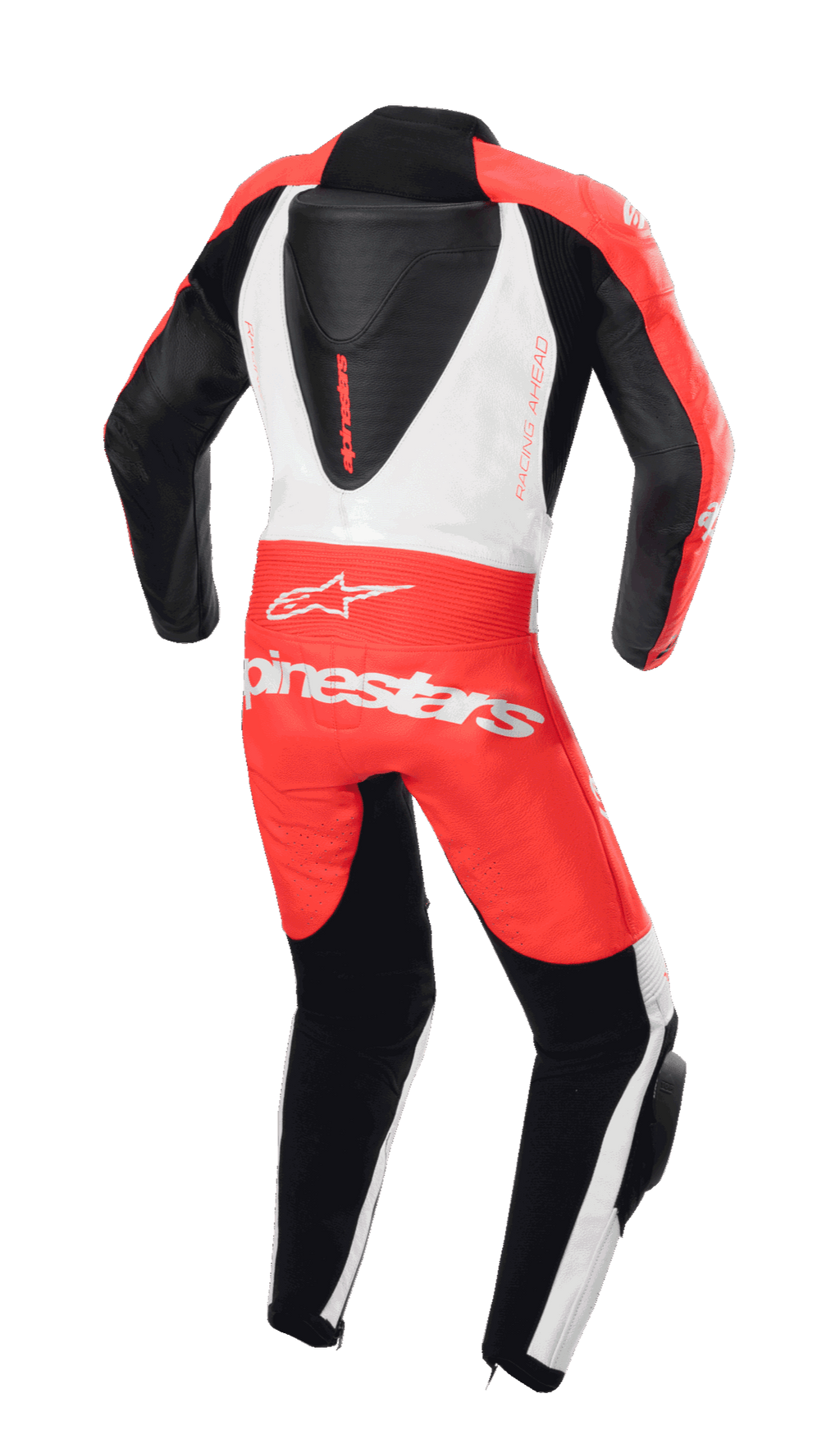 Macacão de Couro Alpinestars Youth GP Plus V2 1-Peça, vista traseira, vermelho fluo, branco e preto, com bossa aerodinâmica e logótipos Alpinestars, design de competição profissional para jovens pilotos