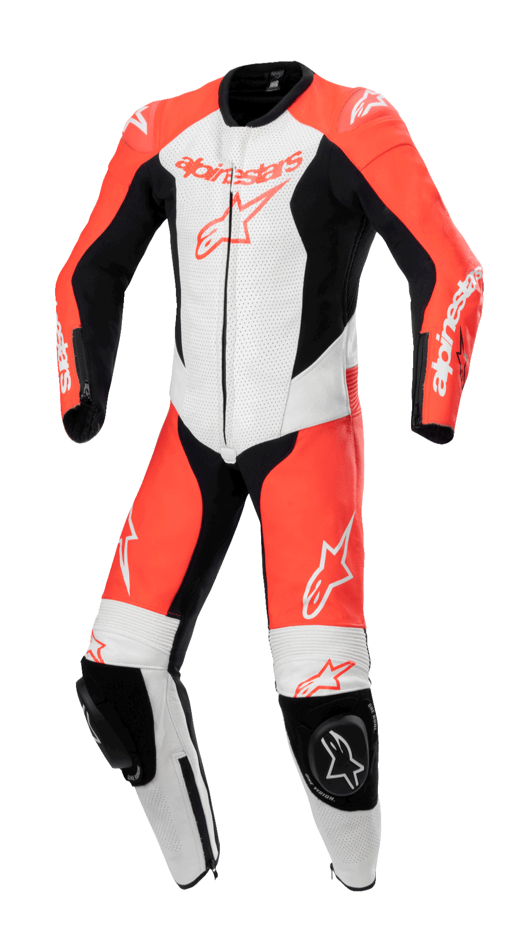 Alpinestars Youth GP Plus V2, fato de corrida de uma peça em pele, vermelho fluo, branco e preto, com painéis de ventilação perfurados, sliders de joelho pretos com logótipo Astar e corte aerodinâmico para jovens pilotos