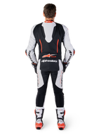 Alpinestars GP-R7 Leather Suit, White and Black one-piece motorcycle racing suit with aerodynamic hump and bovine leather.