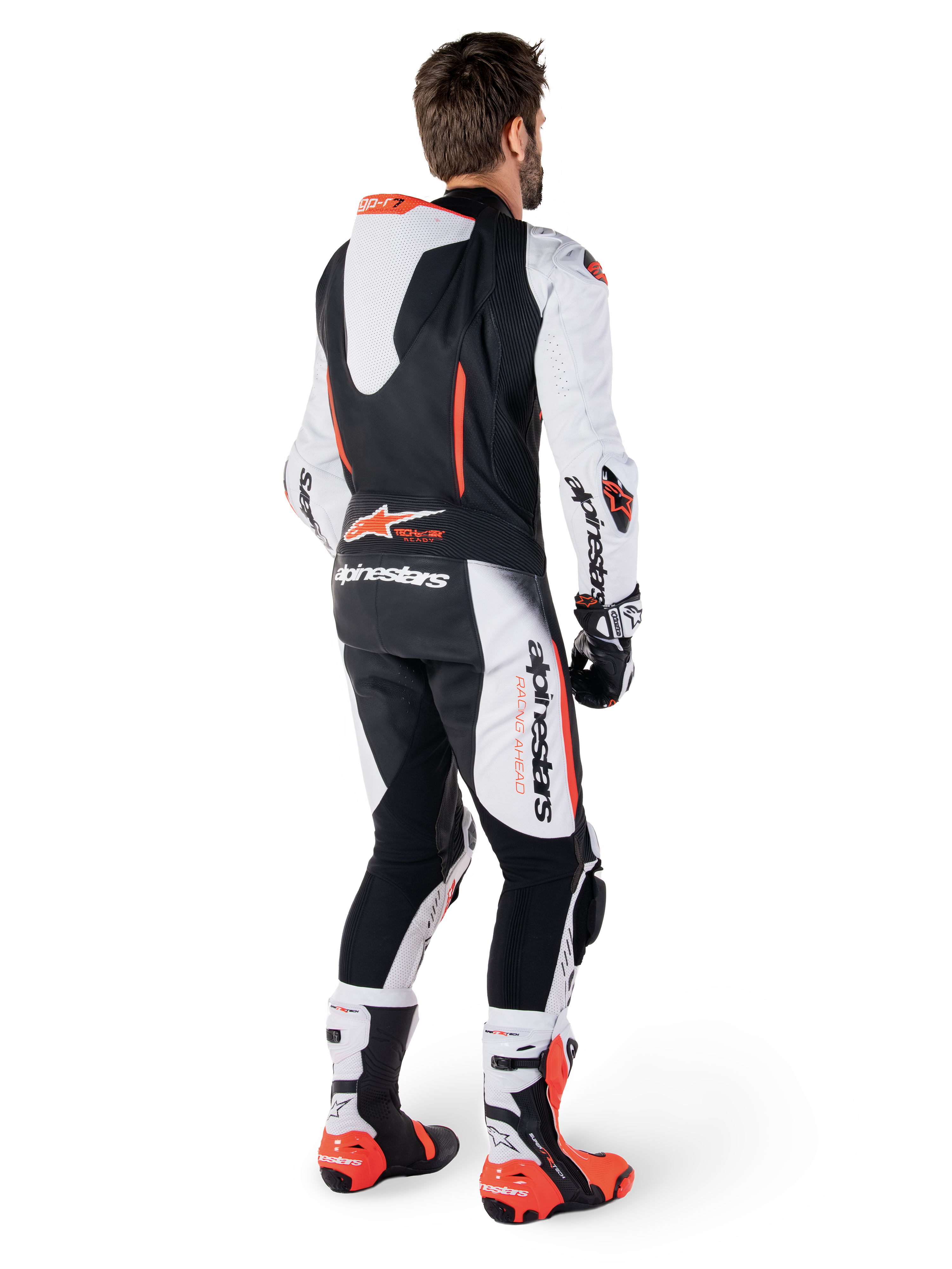 Alpinestars GP-R7 Leather Suit, 1 Piece motorcycle racing suit for men, White and Black, bovine leather with aero hump.