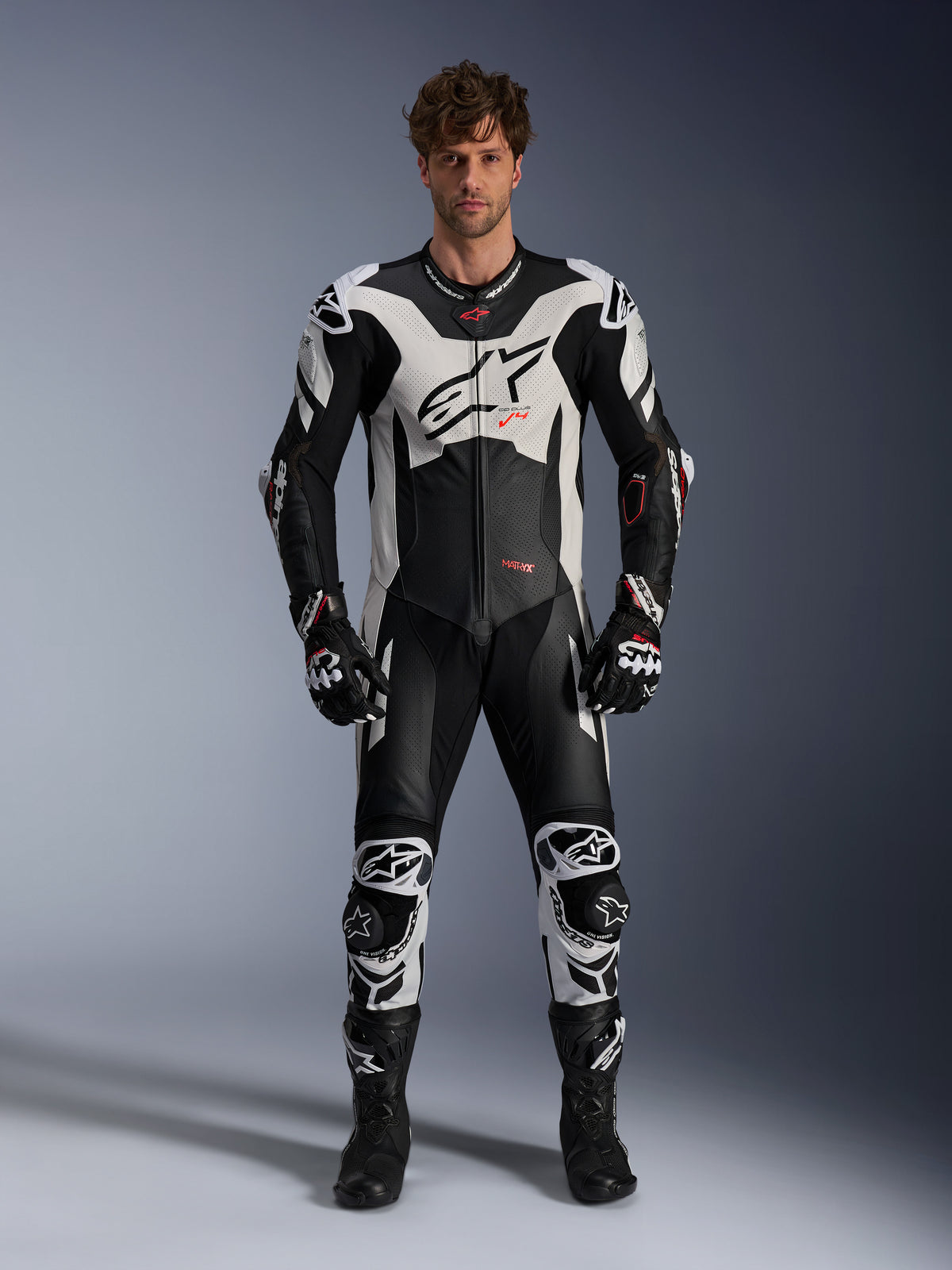 Alpinestars GP Plus V4 Sprint 1-Piece Leather Suit, motorcycle racing gear for men, Black, White and Red Fluo.