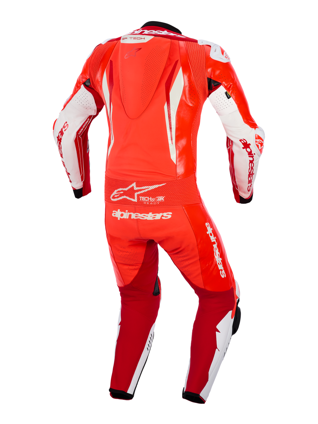 Fato de Couro Alpinestars GP Tech V5 de Uma Peça, vermelho fluo, vermelho brilhante e branco, vista traseira com corcova aerodinâmica, painel de acordeão flexível na cintura e marca Alpinestars branca proeminente, vestuário de corrida profissional para uso em pista.
