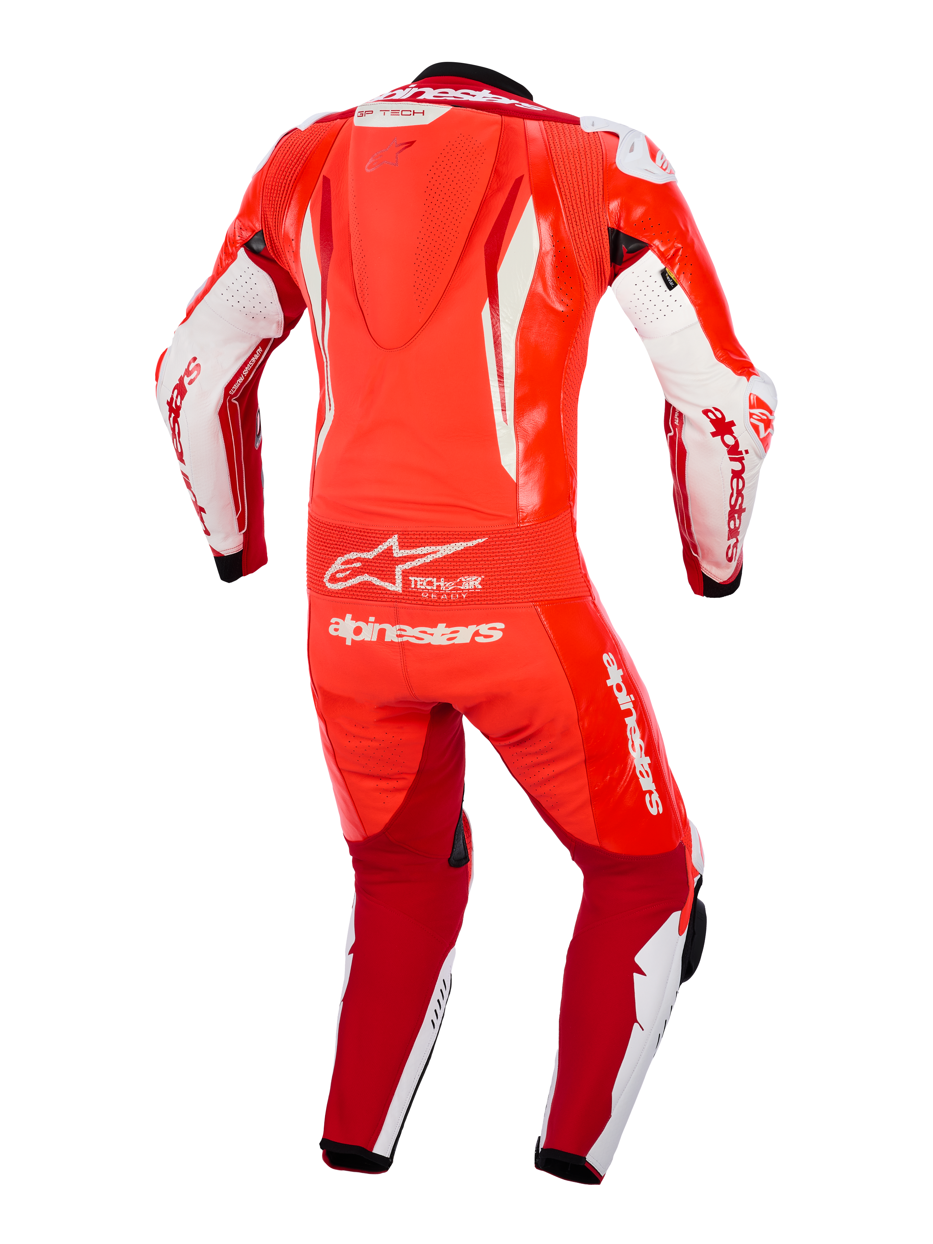 Fato de Couro Alpinestars GP Tech V5 de Uma Peça, vermelho fluo, vermelho brilhante e branco, vista traseira com corcova aerodinâmica, painel de acordeão flexível na cintura e marca Alpinestars branca proeminente, vestuário de corrida profissional para uso em pista.