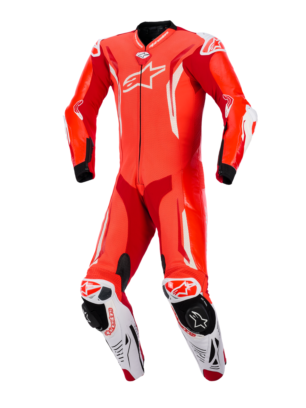 Fato de Couro de Uma Peça Alpinestars GP Tech V5, Vermelho Fluo, Vermelho Brilhante e Branco, vista frontal, fato de motociclismo profissional com couro perfurado, detalhes aerodinâmicos brancos e sliders de joelho integrados